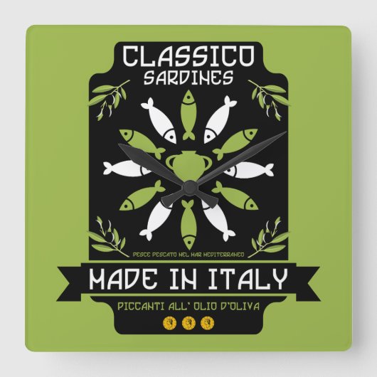 サーディンイタリアンアートプリントキッチンギフト スクエア壁時計 (正面)