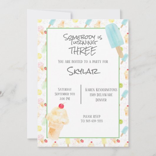 サードバースデーパーティーアイスクリーム招待状 招待状 (正面)