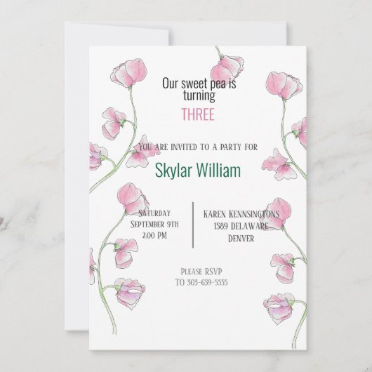 サードバースデーパーティーピンクスイートピー 招待状 (正面)