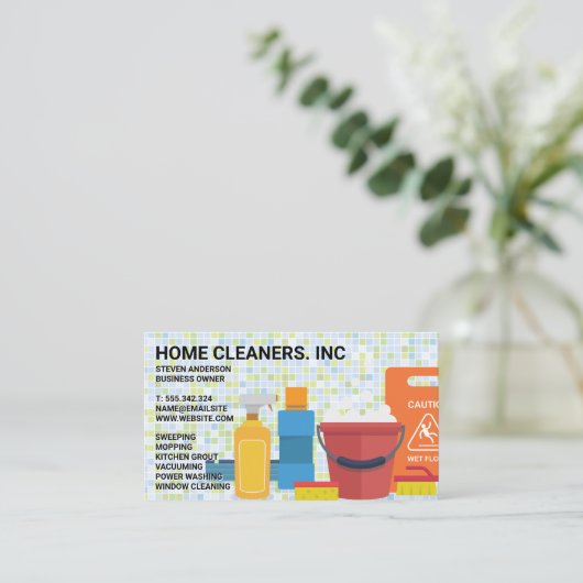 サービスとサプライのクリーニング | タイルの背景 名刺 (スタンド正面)