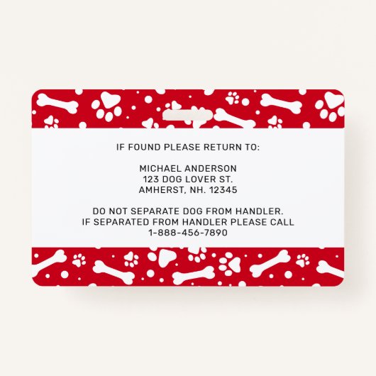 サービスドッグ赤い手のプリントパーソナライズされた写真ID バッジ (裏面)