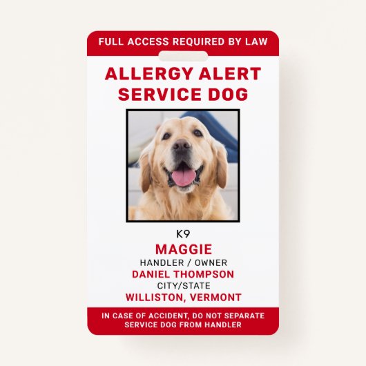 サービスパーソナライズされたドッグアレルギー警告ドッグフォト バッジ (正面)