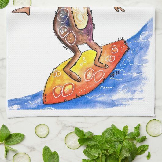 サーフお洒落ボードの可愛い犬 キッチンタオル (折り畳み)
