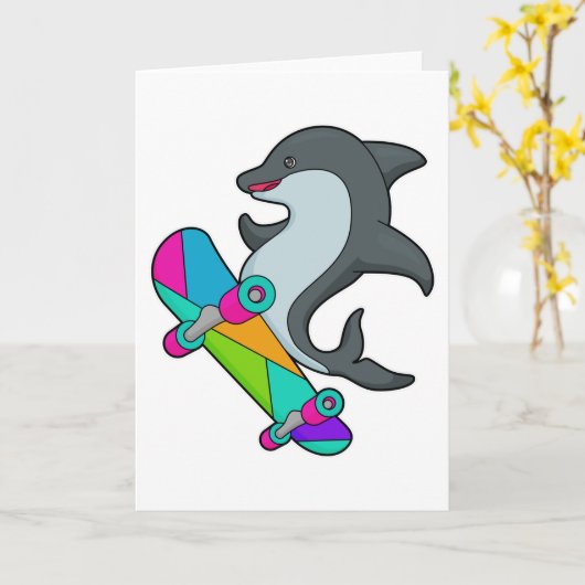 サーファーとしてスケートボードに乗るイルカ カード (黄色い花)