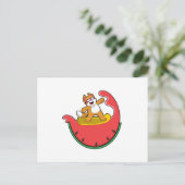 サーファーとして波に乗る猫とワタメロン ポストカード (スタンド正面)