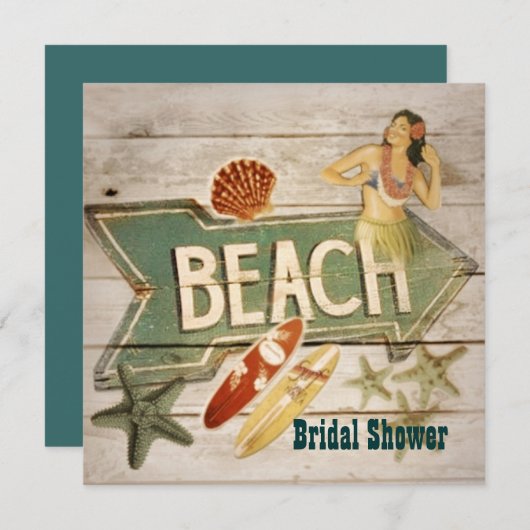 サーファーのアロハフラ女の子のハワイのビーチのブライダルシャワー 招待状 (正面/裏面)