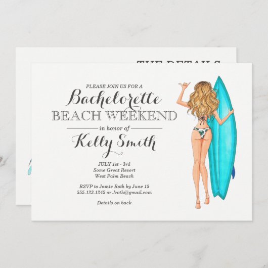 サーファーの女の子のバチェロレッテの招待状 招待状 (正面/裏面)