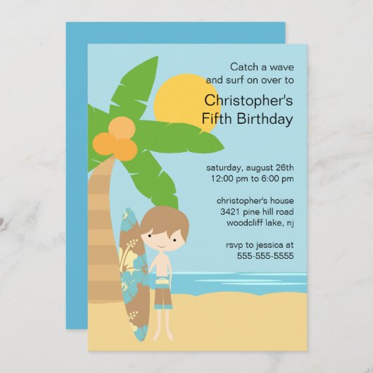 サーファーの男の子の水泳のパーティーの誕生日の招待状 招待状 (正面/裏面)