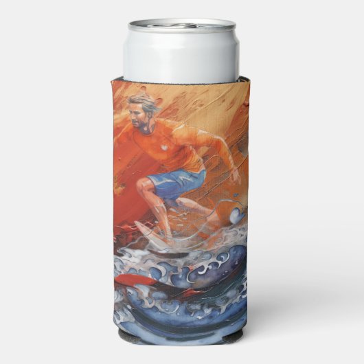 サーファーをオレンジとブルーの抽象芸術 スリム缶クーラー (Seltzer裏面)