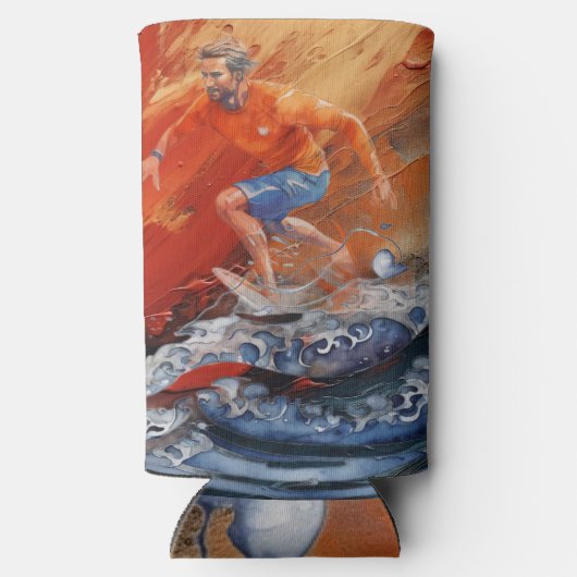 サーファーをオレンジとブルーの抽象芸術 スリム缶クーラー (裏面)