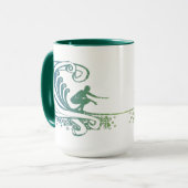 サーファーカッコいいライディングティール(緑がかった色)ブルー海波 マグカップ (正面左)