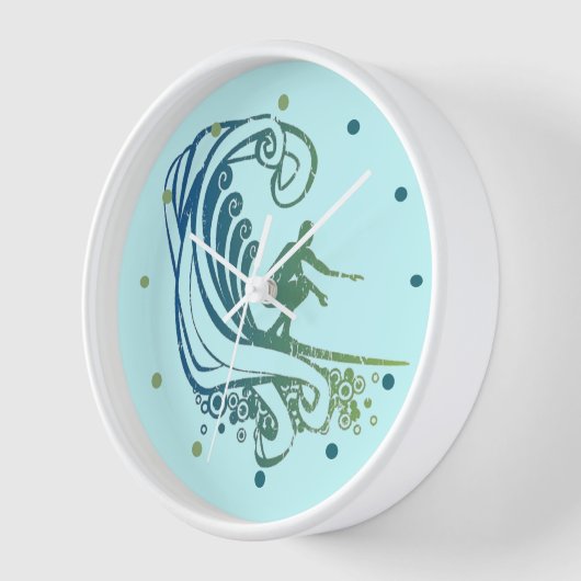 サーファーカッコいいライディングティール(緑がかった色)ブルー海波 壁時計 (傾斜)