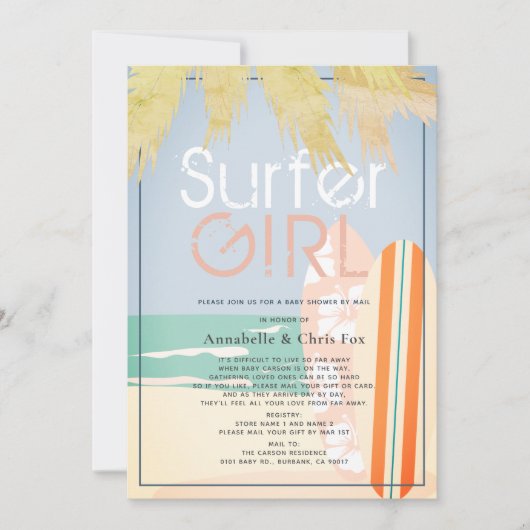 サーファーガールサーフボードビーチベビーシャワーバイメール 招待状 (正面)