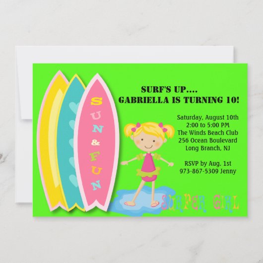 サーファーガールビーチパーティー誕生日招待状 招待状 (正面)