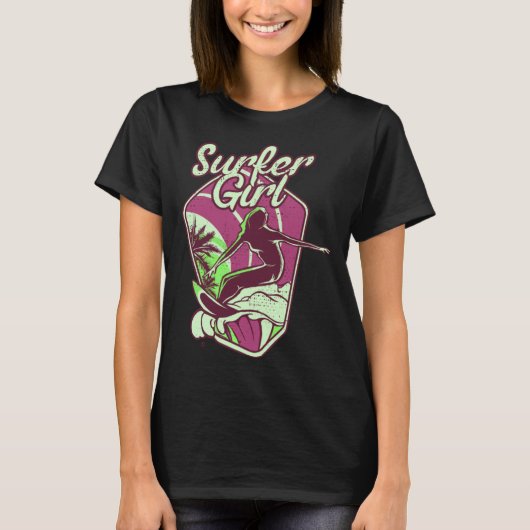 サーファーガール追いかける波サーフィン Tシャツ (正面)