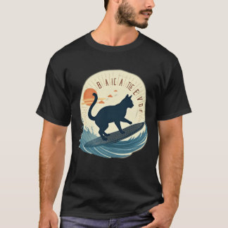 サーファーキャットシルエット アブストラクト レトロ ビーチ ウェーブ Tシャツ