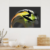 サーファーブラック姿とカラフル波のグレーポスター ポスター (キッチン)