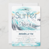 サーファーボーイブルーウェーブスプラッシュサーフィンベビーシャワー 招待状 (正面)