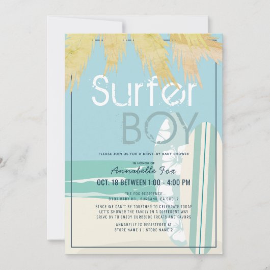 サーファーボーサーフボードビーチドライブバイベビーシャワー 招待状 (正面)
