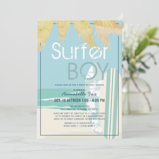 サーファーボーサーフボードビーチドライブバイベビーシャワー 招待状 (スタンド正面)