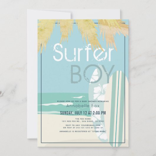 サーファーボーサーフボードビーチベビーシャワー 招待状 (正面)