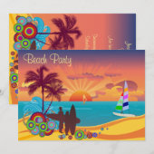 サーファー及び日没のビーチのパーティー 招待状 (正面/裏面)