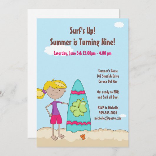 サーファー·ガール·バースデー·パーティーの招待 招待状 (正面/裏面)