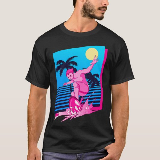 サーファー シンセウェーブ 夕焼け ヤシの木 サーフィン 80年代 アート Tシャツ (正面)