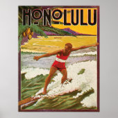 サーファーonホノルルトロピックビーチ、ヴィンテージ旅行 ポスター (正面)
