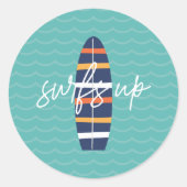 サーフアップサーフボードと波の誕生日パーティー ラウンドシール (正面)