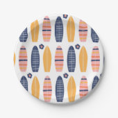 サーフアップピンクのサーフボードと花の誕生日 ペーパープレート (正面)