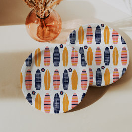 サーフアップピンクのサーフボードと花の誕生日 ペーパープレート