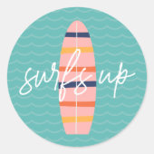 サーフアップピンクサーフボードと波生誕生会 ラウンドシール (正面)