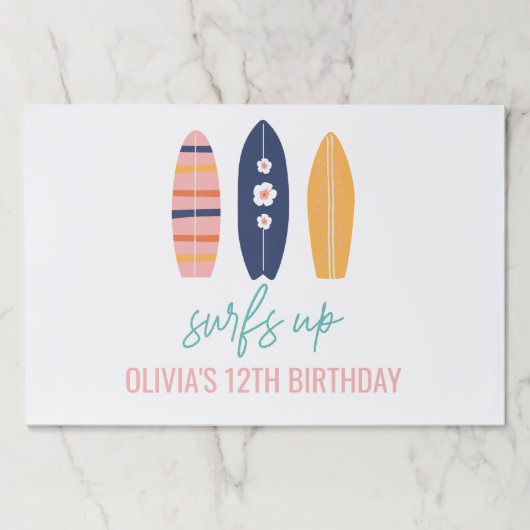 サーフアップピンクサーフボード誕生日パーティーランチョンマット ペーパーパッド (正面)