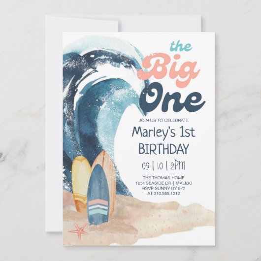 サーフアップ |ビッグワンビーチベビー1回目の誕生日 招待状 (正面)