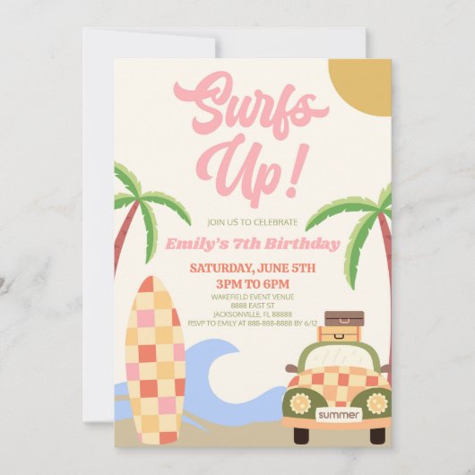 サーフアップ!ピンクビーチサーフモダンバースデーパーティー 招待状 (正面)