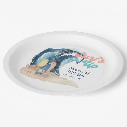 サーフアップ |熱帯ビーチサーフィン子供の誕生日 ペーパープレート (アングル)