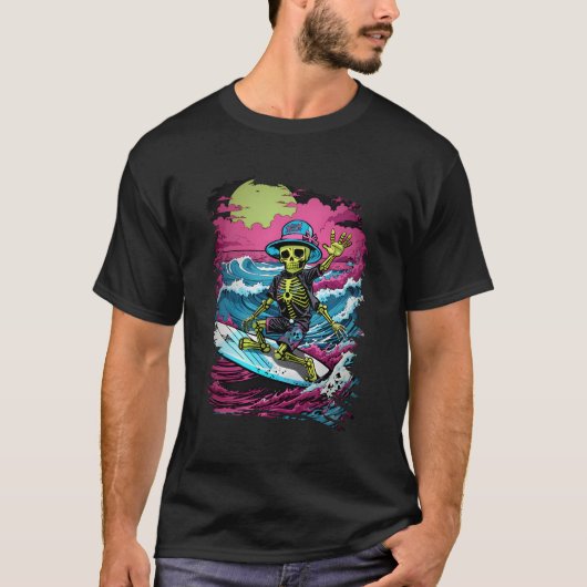 サーフィンおもしろい不気味ゾンビスケルトンハロウィーンボーイ Tシャツ (正面)