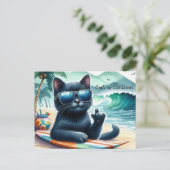 サーフィンが似合う猫好きのためのクールな黒猫デザイン ポストカード (スタンド正面)