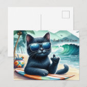 サーフィンが似合う猫好きのためのクールな黒猫デザイン ポストカード (正面/裏面)