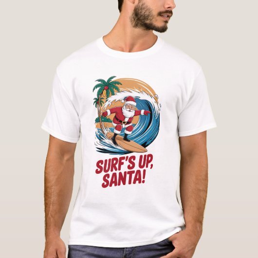サーフィンが大好きなサンタクロース クリスマス Tシャツ (正面)