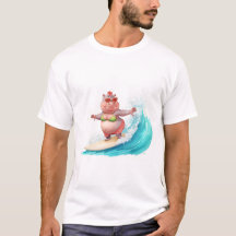 サーフィンするカバのクリスマスビキニカバTシャツ