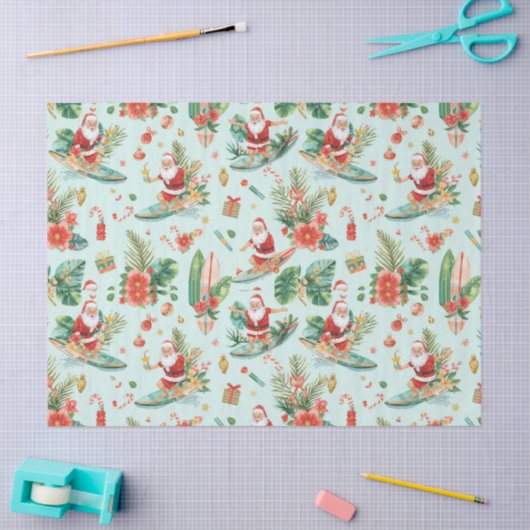 サーフィンするサンタのクリスマス包装紙シート 薄葉紙 (クラフト)