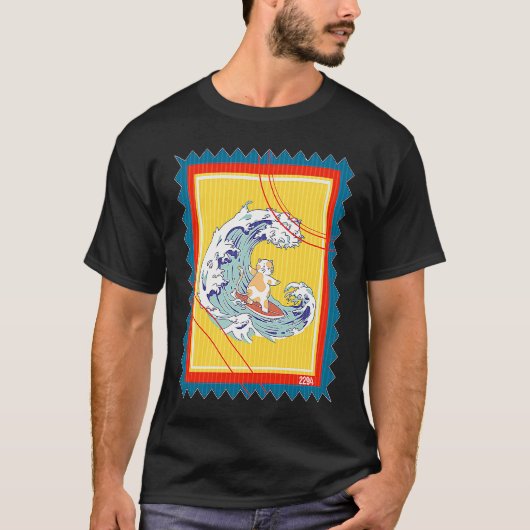 サーフィンするネコの切手 Tシャツ (正面)
