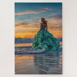 サーフィンする女性のいる海の夕焼けの風景 ジグソーパズル