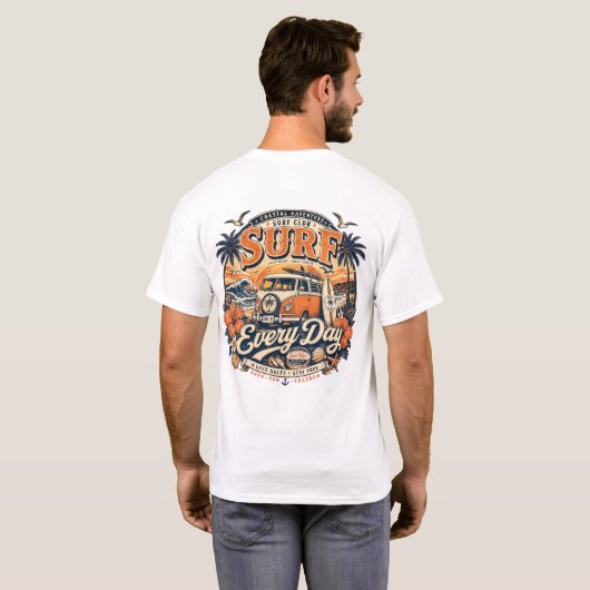 サーフィンする毎日 海岸の冒険 ヴィンテージビーチ Tシャツ (裏面フル)