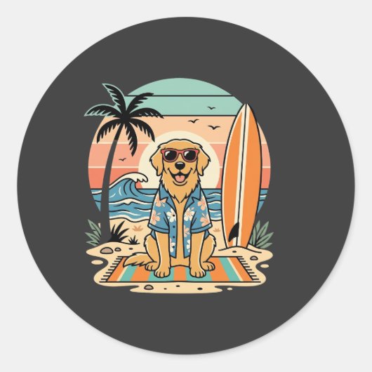 サーフィンする犬 レトロ ビーチ 夏季 ラウンドシール (正面)