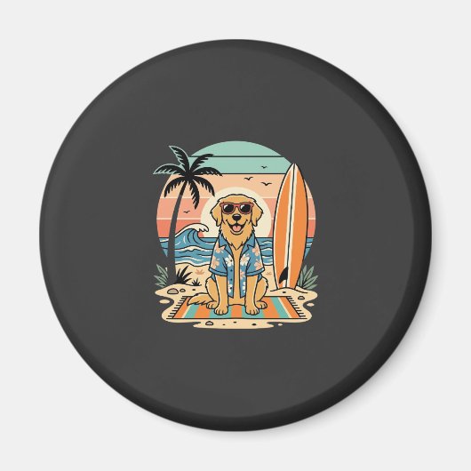 サーフィンする犬 レトロ ビーチ 夏 マグネット (正面)