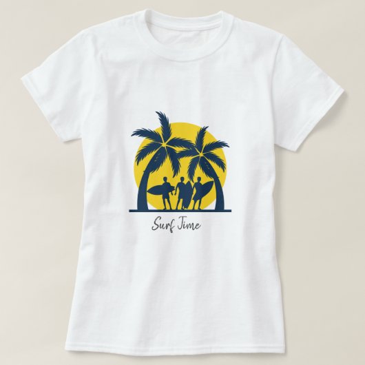 サーフィンと太陽とヤシの木の涼しい波 Tシャツ (デザイン正面)