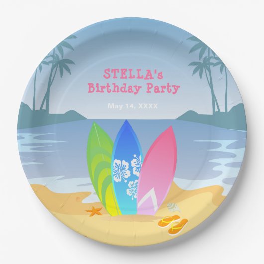 サーフィンのお姉さんお誕生日パーティー ペーパープレート (正面)